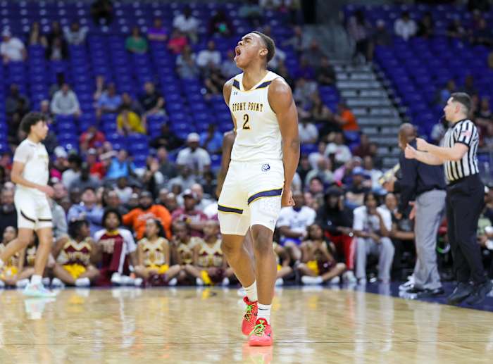Villanova signee Josiah Moseley celebrates during the first half of Stony Point's Class 6A state semifinal game against Beaumont United on Friday night at the Alamodome in San Antonio.